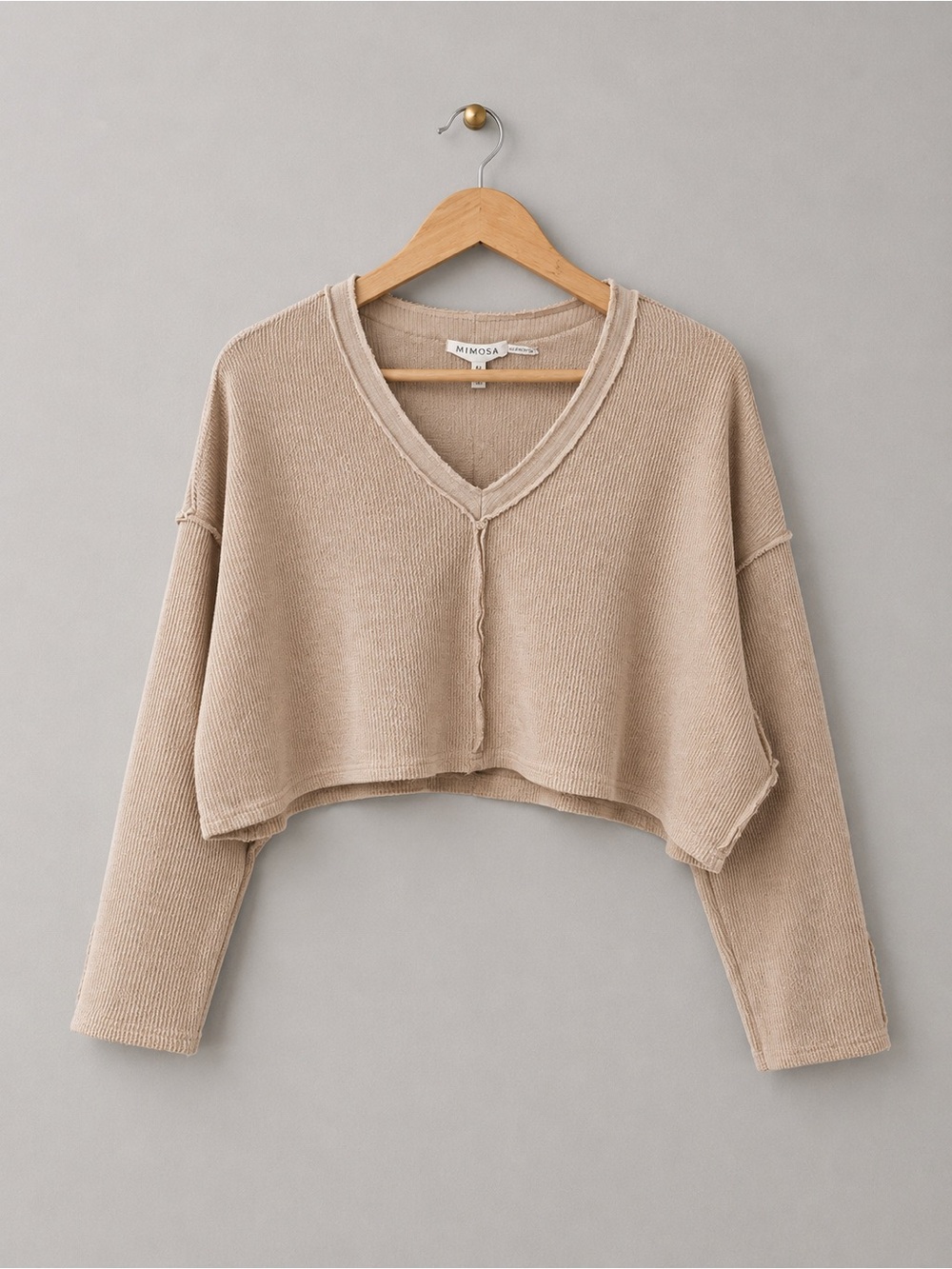 Mimosa Women’s Beige Cropped Thermal Knit Top Medium Oversized Raw Hem Sweater